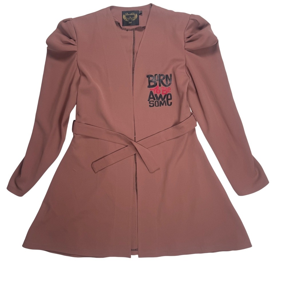 Bershka Womens Mauve Puff Sleeve Graphic Belted‎ Open Front Jacket Dress Size 44
